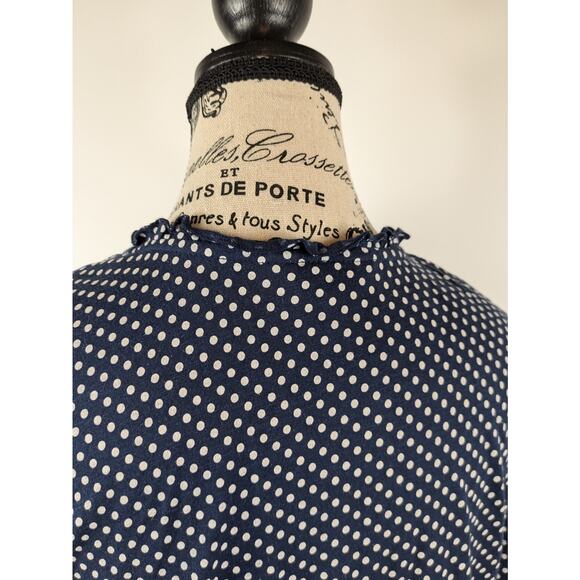 Lucky Brand Womens M Blouse Boho Cottage Navy Blue Polka Dot Ruffle Cotton Top - Picture 7 of 9